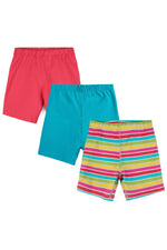 Three pairs of girls' biker shorts in red, turquoise, and rainbow stripe stacked together on a white background.