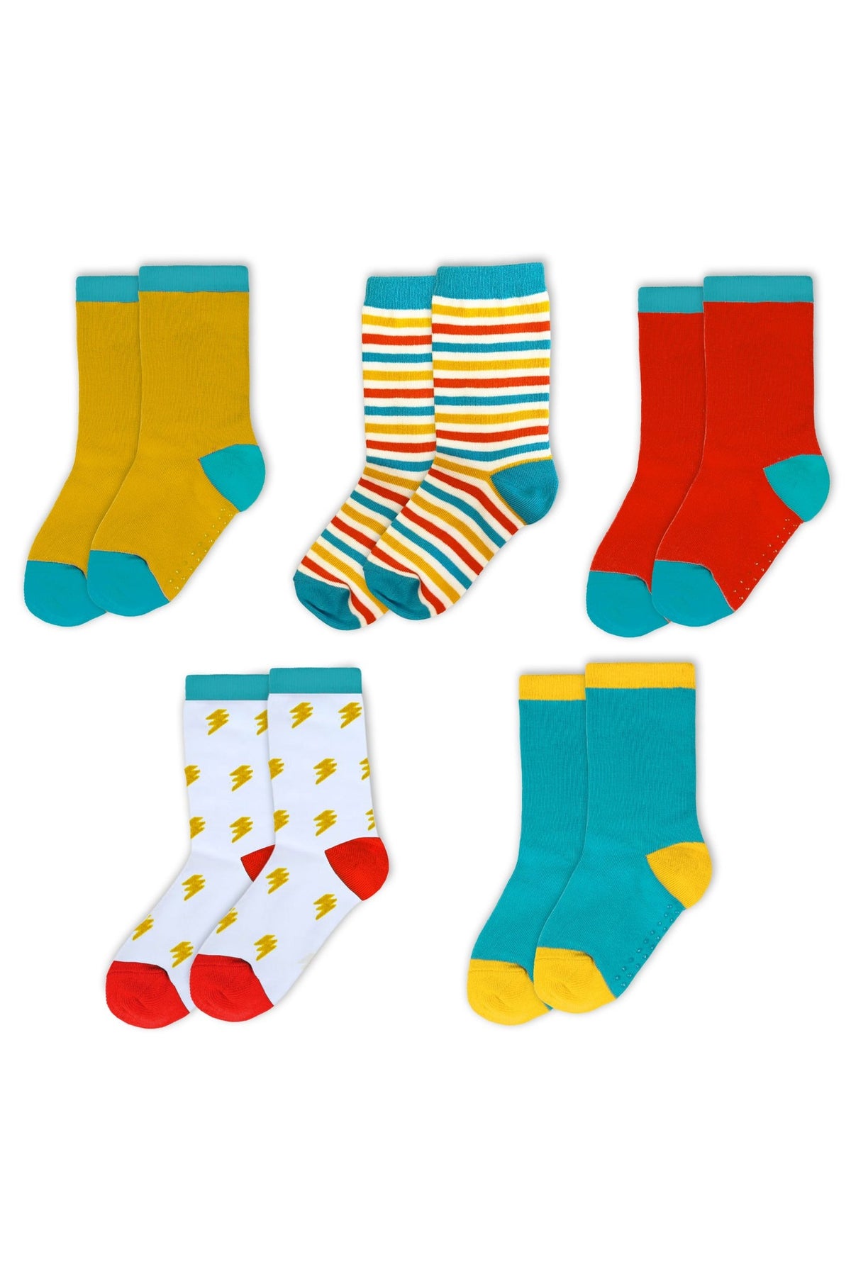 Colorful kids' socks with various playful patterns