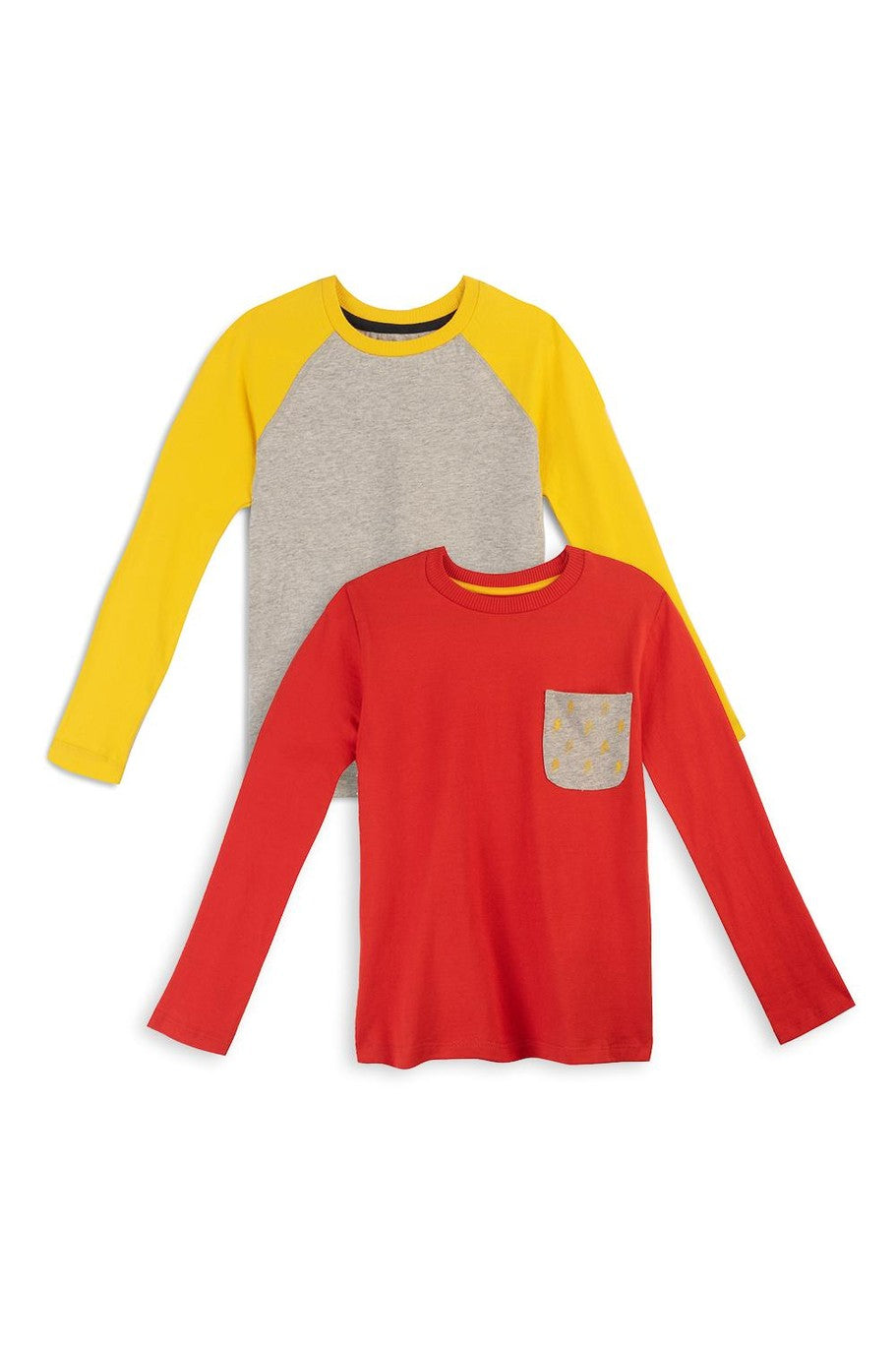 Two long-sleeve kids' shirts, one red with a lightning bolt printed pocket and one gray with yellow sleeves