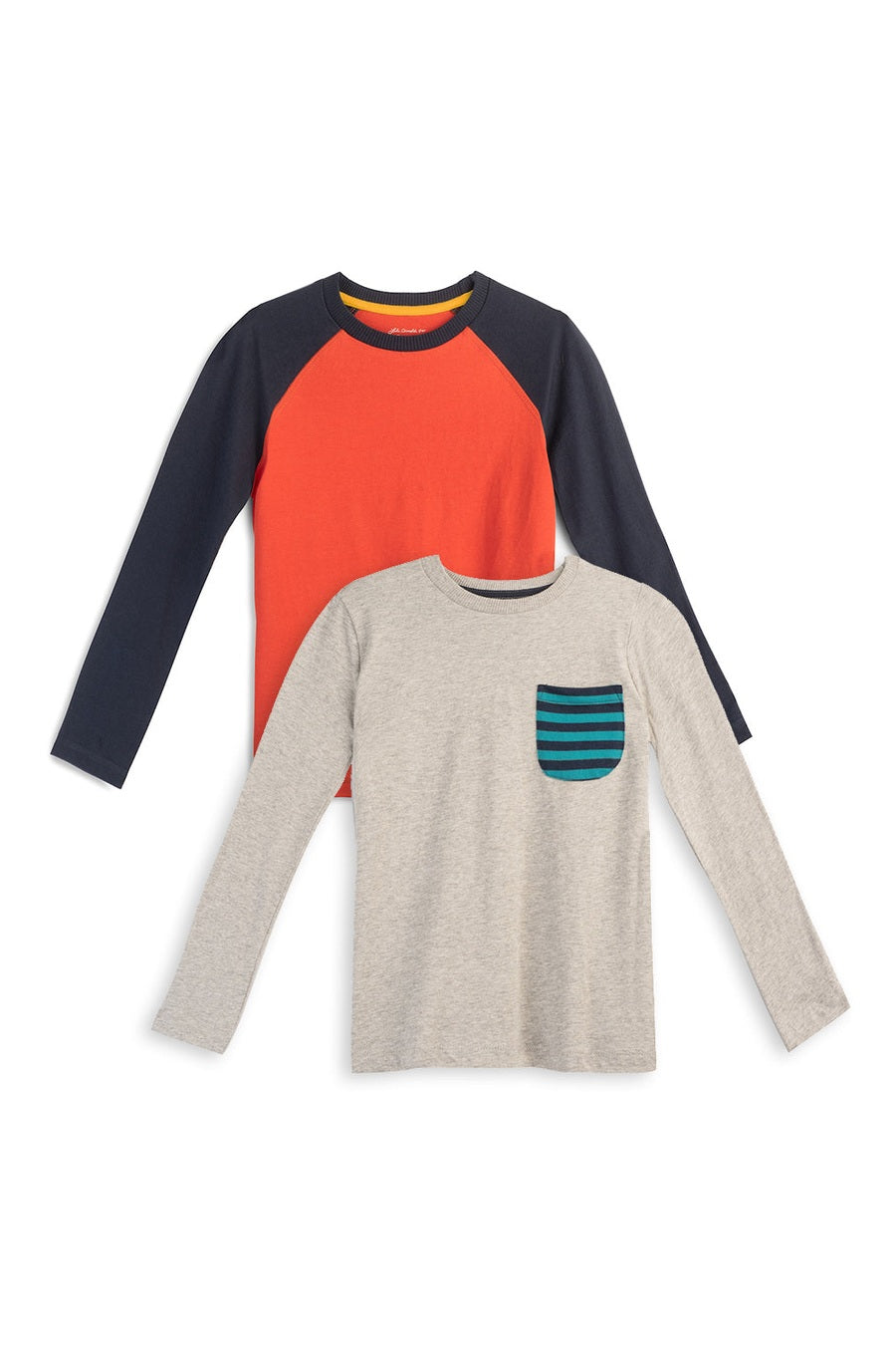 Two long-sleeve kids' shirts, one gray with a striped pocket and one red with navy blue sleeves