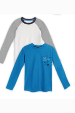 Two long-sleeve kids' shirts, one blue with a galaxy print pocket and white with gray sleeves