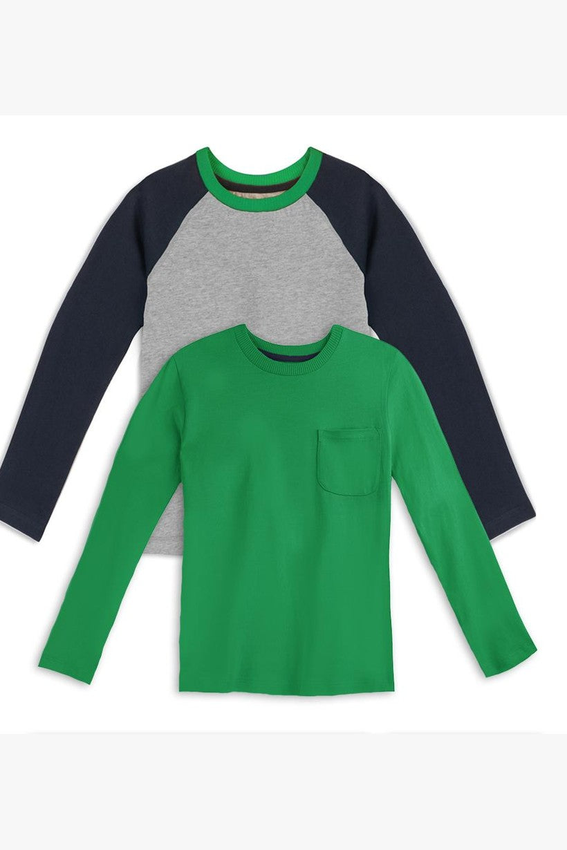 Two long-sleeve kids' shirts, one green with a pocket and one gray with navy blue sleeves