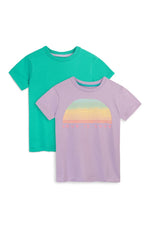 two tee shirts one is teal the other lavender with a rainbow print 