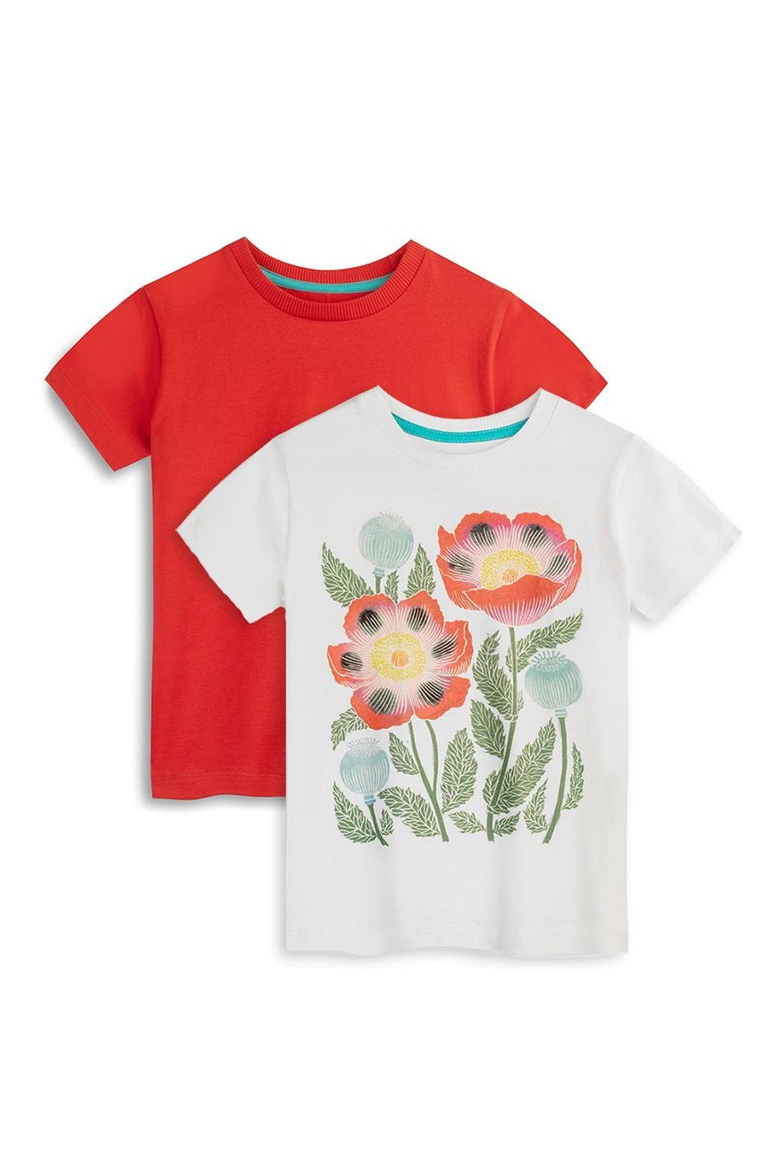Two kids' graphic tees, one red and one white with a floral print.