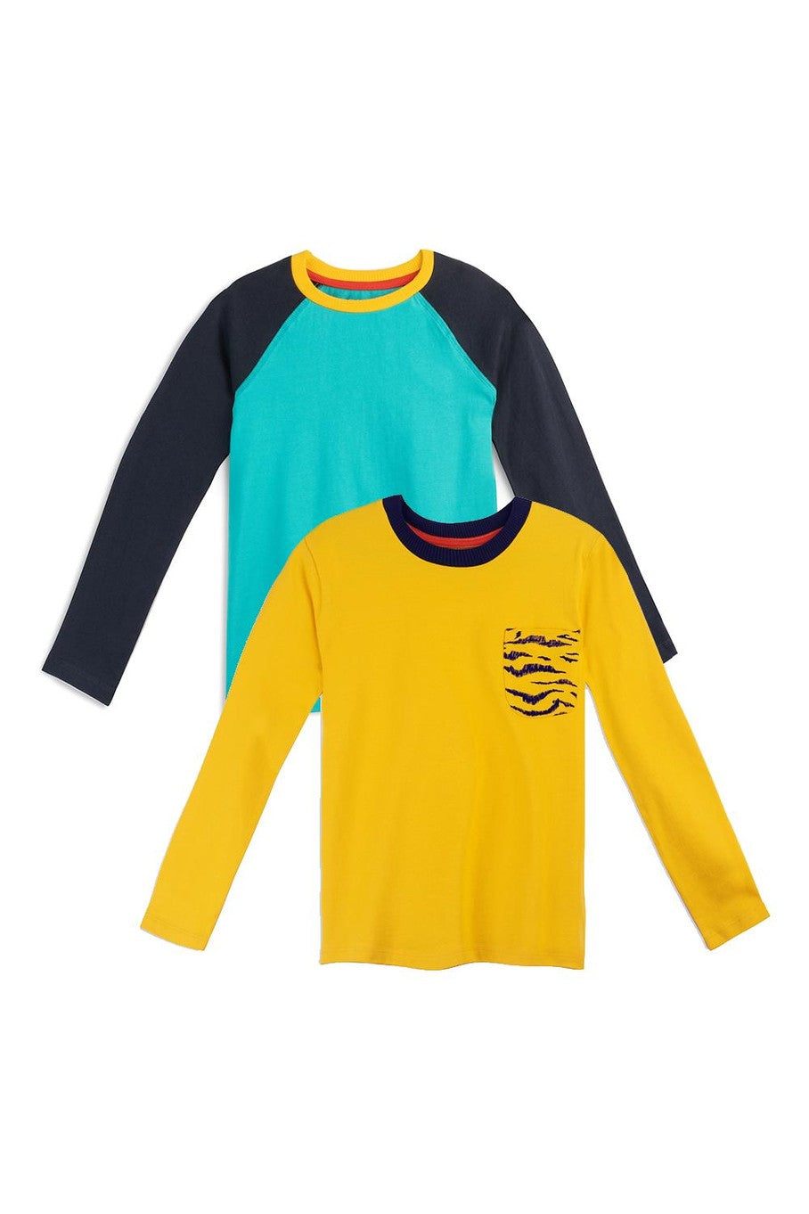 Two long-sleeve kids' shirts, one yellow with a tiger print pocket and one teal with navy blue sleeves